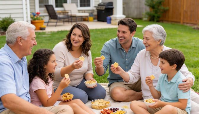 Family moment in Pickerington back lawn sharing snacks and laughing and having fun
