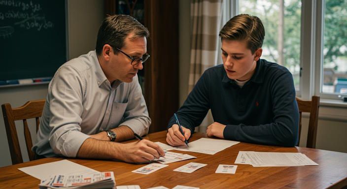 Father quizzing his high school son with flashcards at their wooden kitchen table in Columbus Ohio