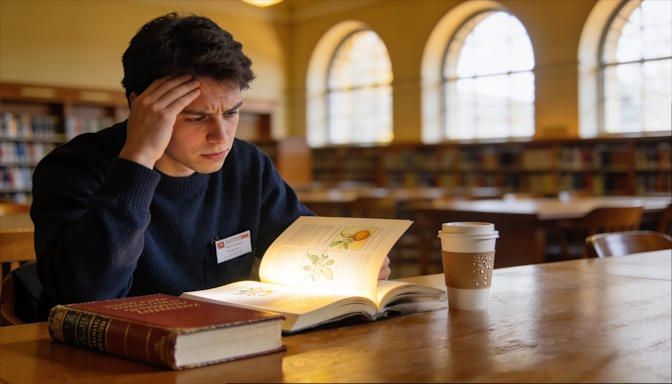 High school boy in a cozy Dublin, Ohio neighborhood kitchen at dawn, nervous expression as hes studying for his SAT exam