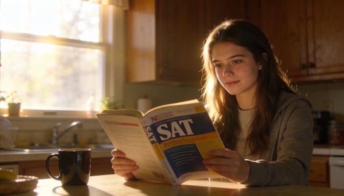 High school girl in a Dublin Ohio neighborhood kitchen early morning studying for her SAT exams