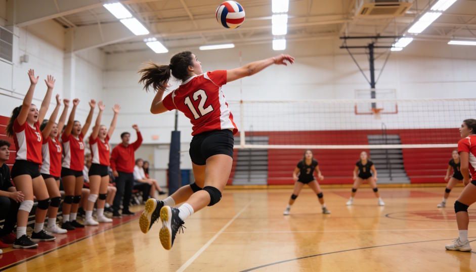 Columbus High school volleyball player mid-air spike under bright gym lights during competition