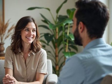 Hypnotherapist sitting with a client in Columbus talking to each other in a session.