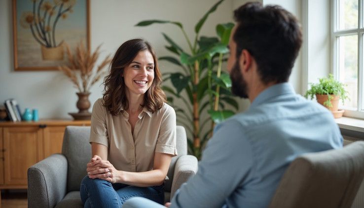 Photo of a man sitting down on a couch with his therapist during a hypnotherapy session