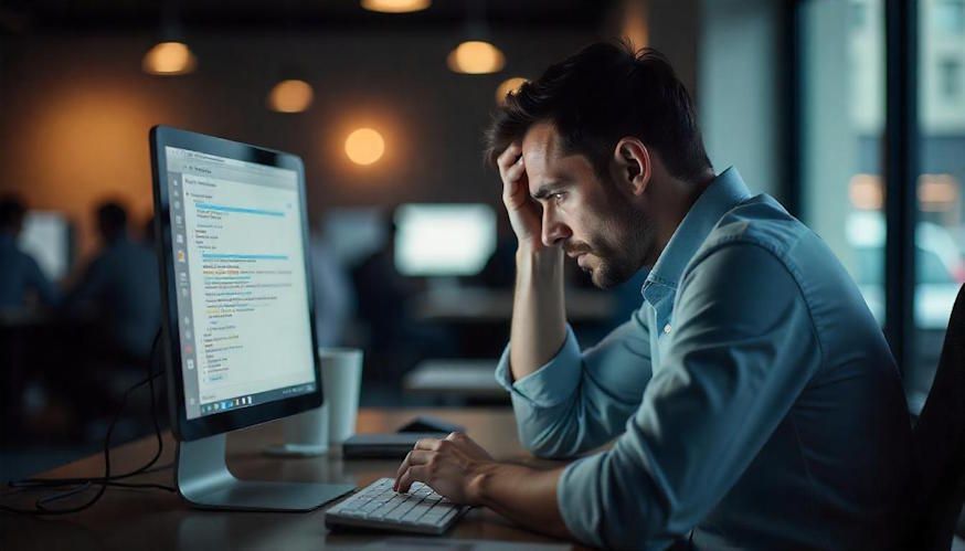 A man is sitting at a desk in the office in front of a computer having a panic attack.