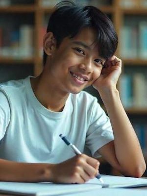 Jack, a young man with ADHD in Columbus OH is sitting at a desk in a library writing in a notebook.