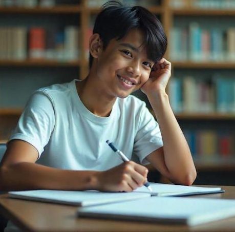 A young man with ADHD is sitting at a desk in a library writing in a notebook.