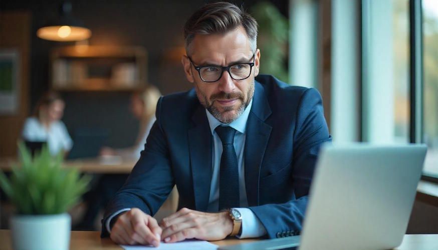 John -nail biting case study #1 - A man in a suit and tie is sitting at a desk in front of a laptop computer.