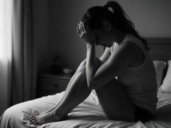 Lisa victim of domestic violence with PTSD in Columbus OH sitting on her bed