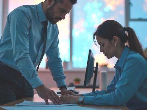 Male boss bullying his female subordinate in Columbus OH and putting pressure on her to work while he stands above her at her desk