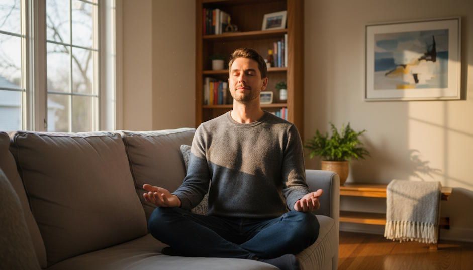 Man in Hilliard home practicing deep breathing on his couch with a calm expression on his face