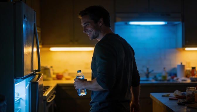 Man in the middle of the night choosing bottled water instead of snack foods