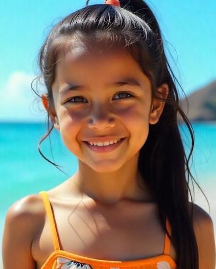 Maya is a vibrant 12-year-old Hawaiian girl with ADHD from Columbus OH with long black hair pulled back in a pony tail