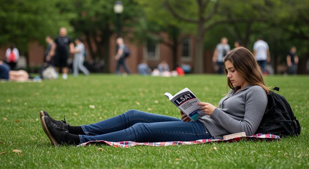 OSU college girl sitting on the Oval reading her LSAT prep book sitting on a blanket