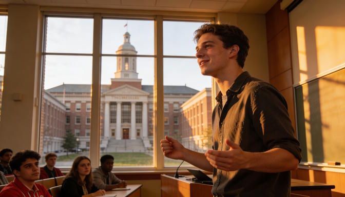 Ohio State University student presenting at front of lecture hall, relaxed posture, Thompson Library seen beyond auditorium doors