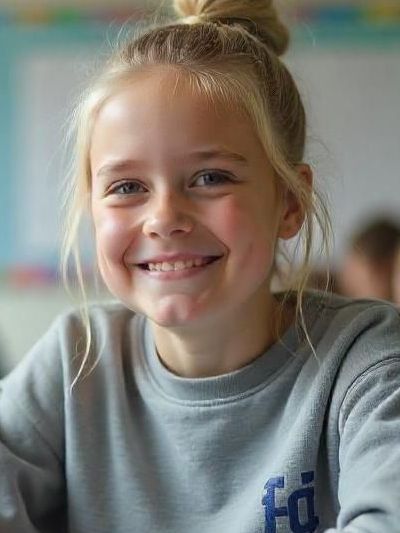 Olivia - A young freshman girl with ADHD from Columbus OH is smiling while sitting at a desk with a pen in her hand.