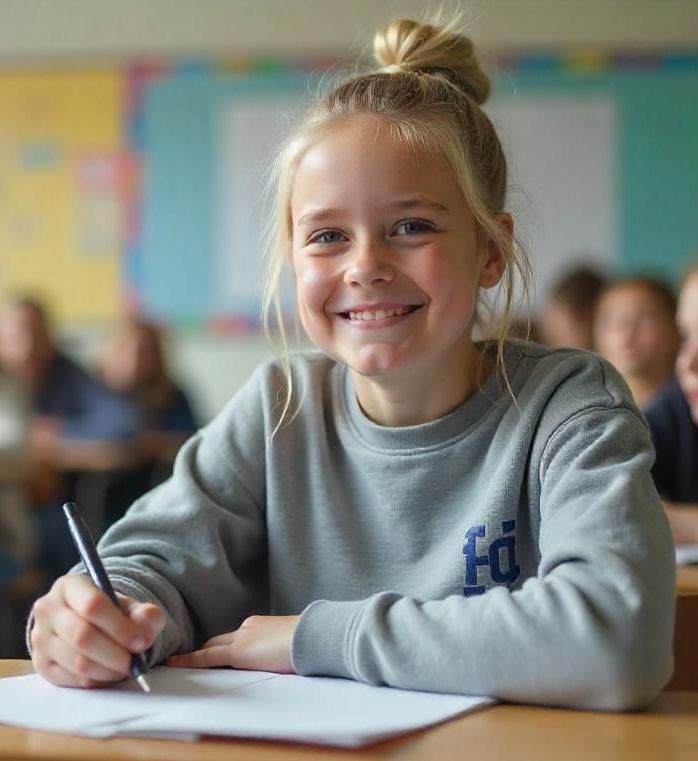 A young girl is smiling while sitting at a desk with a pen in her hand.