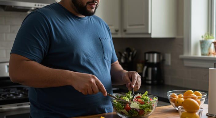 Overweight man in Westerville kitchen mindfully preparing a colorful salad