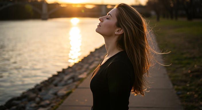 Peaceful woman taking a deep clean breath walking along Scioto River at sunrise gentle breeze moving her hair