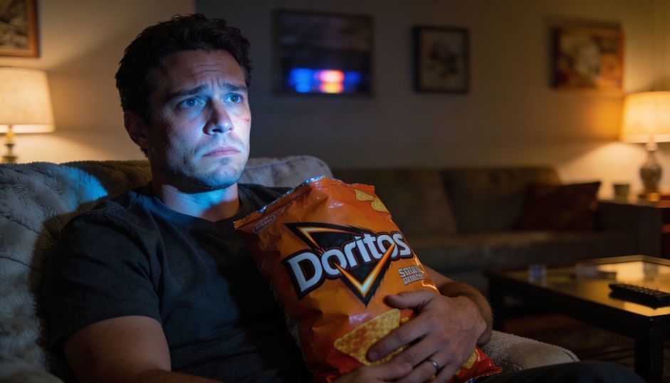 Pickerington man looking guilty sitting on his couch at night clutching a big bag of Doritos