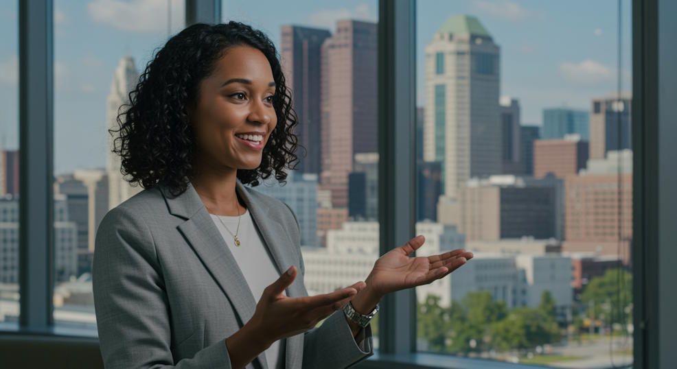 Professional woman confidently presenting with warm smile, focused on room, partial downtown Columbus skyline visible through floor-to-ceiling windows
