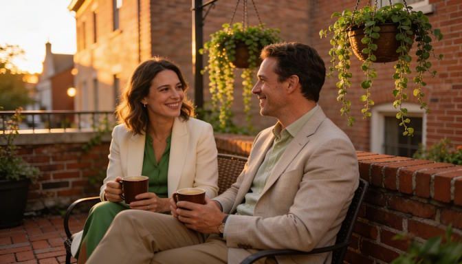Rejuvenated sales professionals chatting on a brick patio in German Village