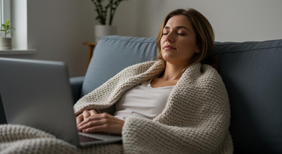 Relaxed female client in her Pickerington home during virtual session, eyes closed, wrapped in a coz