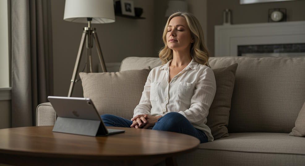 Westerville woman in her living room, eyes closed, during remote hypnosis session