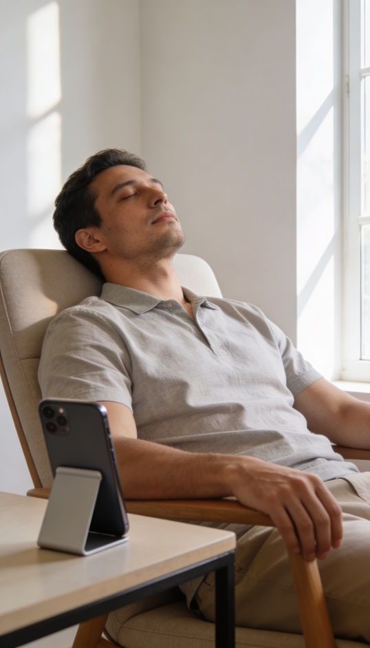 Remote hypnosis session in Columbus with client relaxed and sitting back in his chair with his smart phone