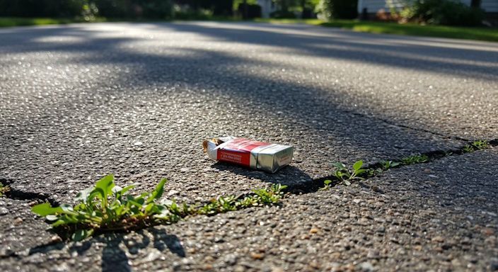 Reynoldsburg driveway crushed cigarette pack on sunlit pavement small weeds growing through cracks