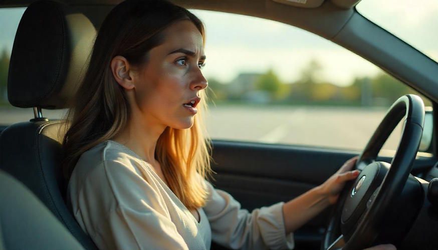Sarah - Survivor of car accident - PTSD case study in Columbus, Ohio sitting in her car holding the steering wheel paralyzed in fear
