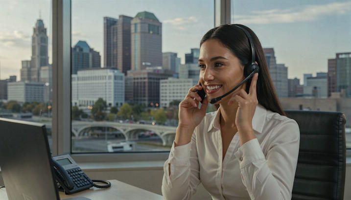Sharp Columbus sales professional with headset seated at her desk with Columbus skyline visible