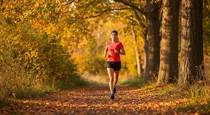 Woman runner on shaded creekside path in Gahanna training for a big race