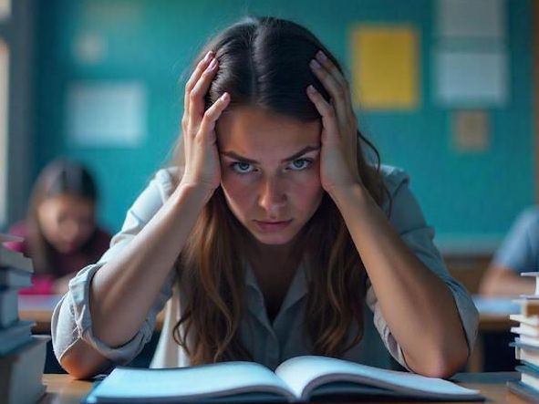 Woman sitting down in Columbus OH who is very stressed out over School