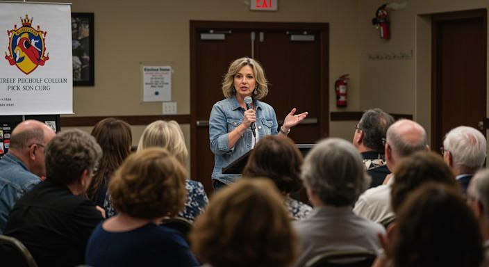 Woman speaking confidently at Pickerington community event, intimate indoor venue with attentive crowd