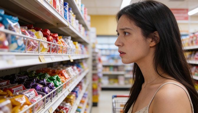 Young Columbus woman struggling with sugar cravings staring at candy on the shelf at the grocery store
