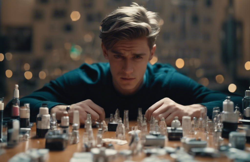 A man is sitting at a table with a large quantity of bottles of perfume on it and he's organizing them very strategically.