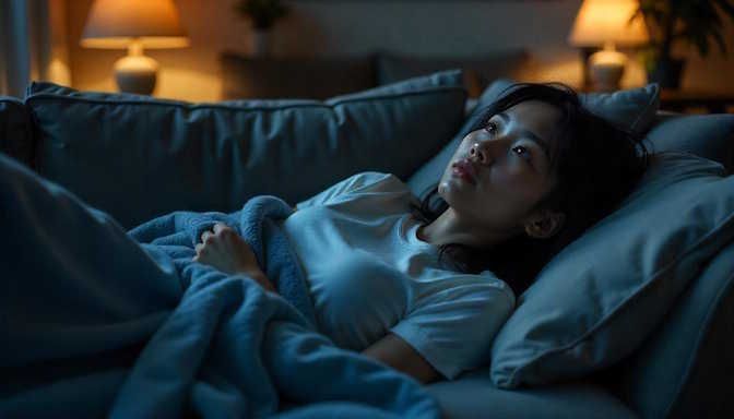 asian woman laying awake at night unable to sleep in Columbus Ohio