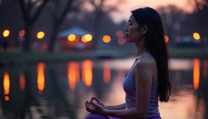 asian woman meditating next to mirror lake in Columbus Ohio after hypnotherapy session