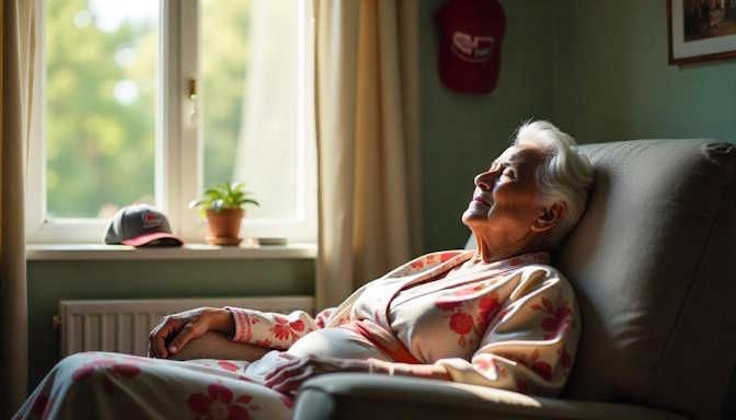 elderly asian woman in kimono napping in her lounge chair in Columbus Ohio