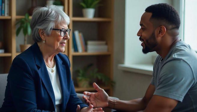 A man and a woman are sitting down talking to each other.