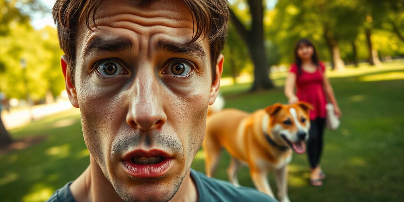 man afraid of dogs standing by in a park as a woman walks by with her dog