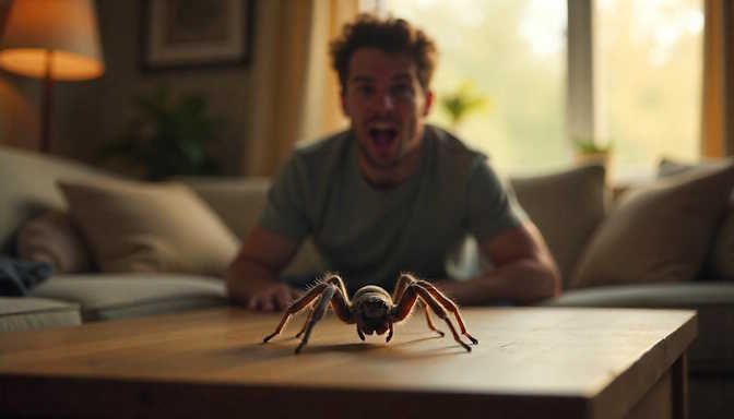 man sitting on his couch in fear as a spider crawls across his coffee table in Columbus OH