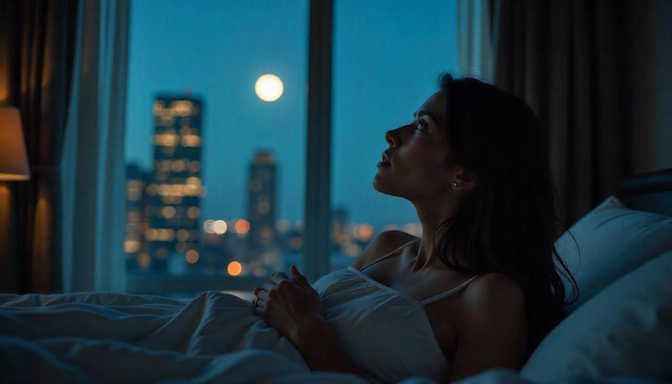 middle age woman sitting up in bed just outside of downtown Columbus unable to sleep at night due to insomnia