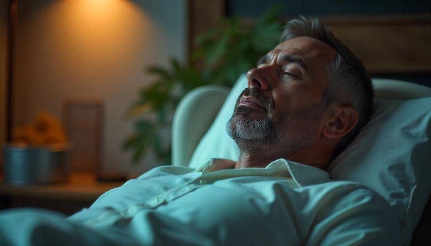 middle aged man with chronic headaches found peace during a guided hypnotherapy session in Columbus