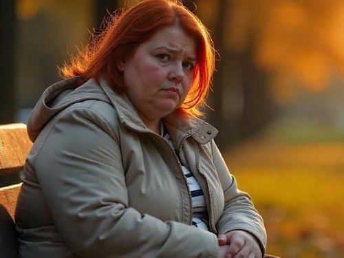 overweight woman in Columbus on a park bench depressed with a sad look on her face
