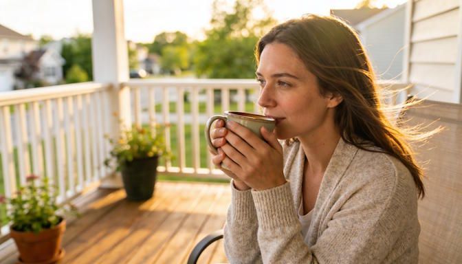 peaceful columbus woman sipping her coffee after qutting smoking on her Westerville deck without cigarettes