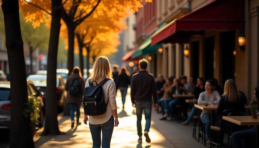 A group of people are walking down a city street in the Short North area of Columbus Ohio with people eating at a restaurant as they walk by.