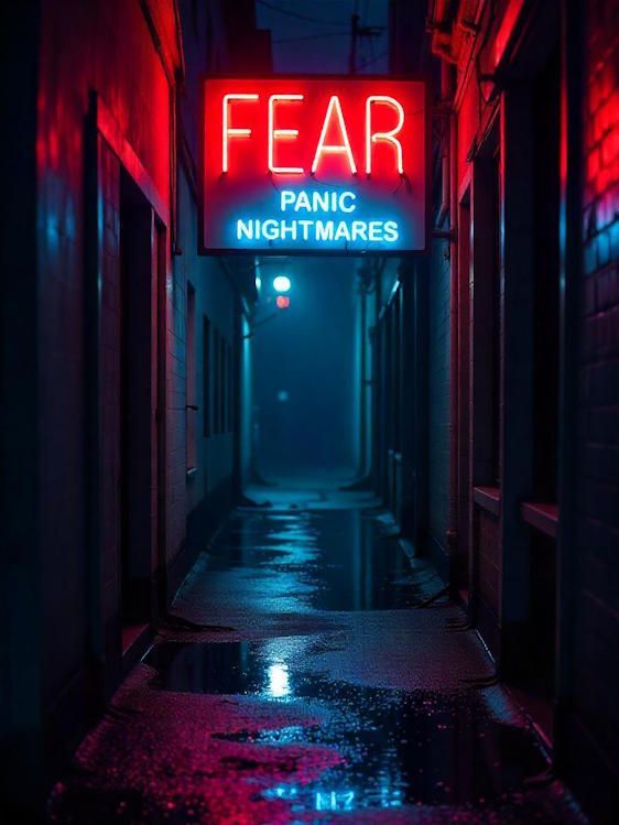 A neon sign in a dark alleyway says fear panic nightmares