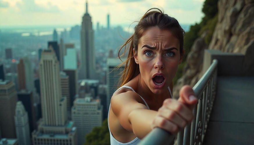 woman gripping onto a balcony afraid of heights with a look of intense fear on her face