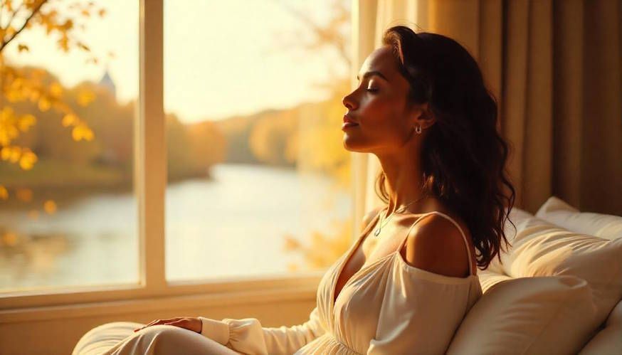 woman sitting next to Scioto River in finding peace and relief from her pain thanks to hypnotherapy